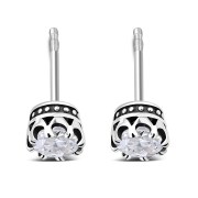 Vintage Royal Crown Celtic Clear CZ Sterling Silver Stud Earrings - e455